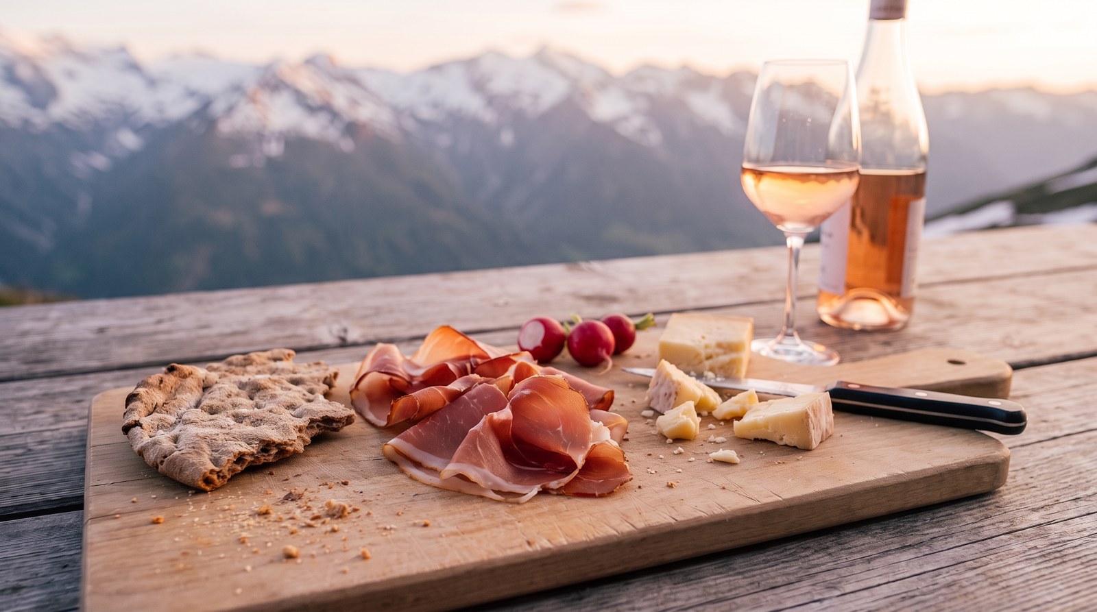 Holzbrett mit Speck, Käse und Schüttelbrot und einem Glas Rosé auf einem Hüttentisch in der Sonne