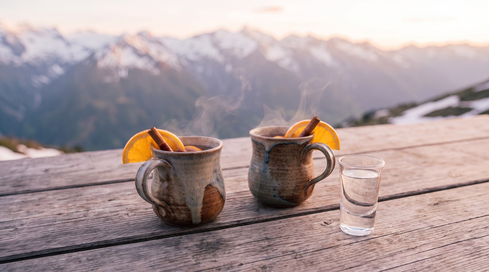 Zwei dampfende Tassen und ein kleines Schnapsglas stehen auf einem Holztisch einer Skihütte, draußen Schnee und Berge im Abendlicht