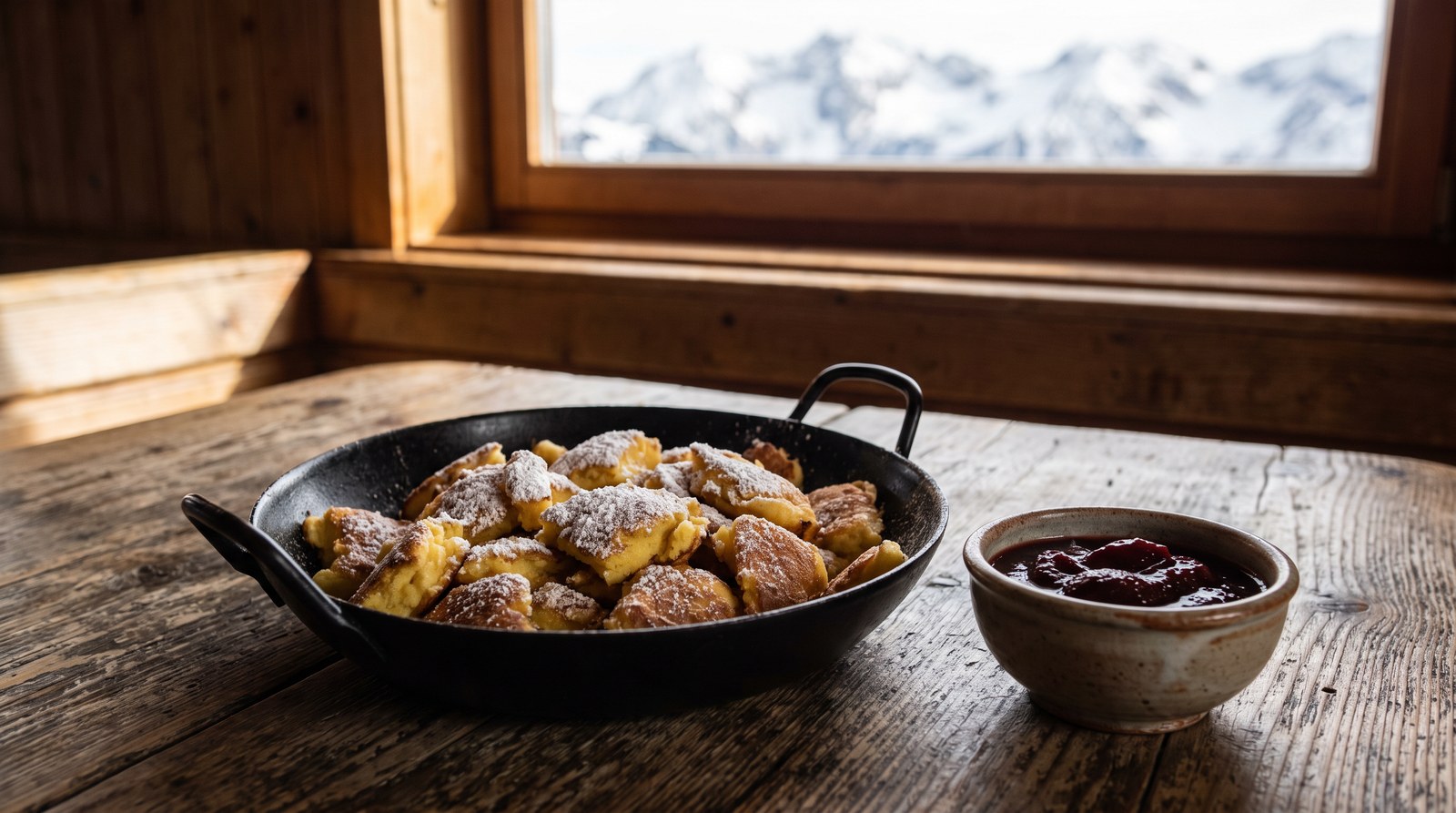 Eine Pfanne mit zerrissenem, gezuckertem Kaiserschmarrn und eine kleine Schale Zwetschgenröster auf einem Holztisch in einer Berghütte