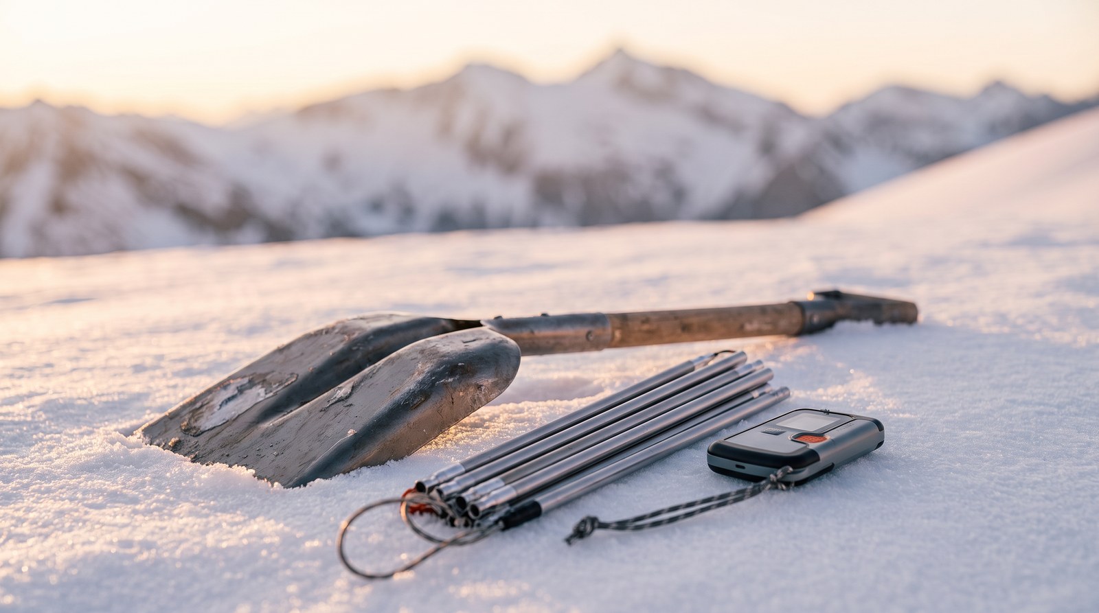 Lawinenschaufel, Sonde und ein Verschüttetensuchgerät liegen auf Schnee im Morgenlicht