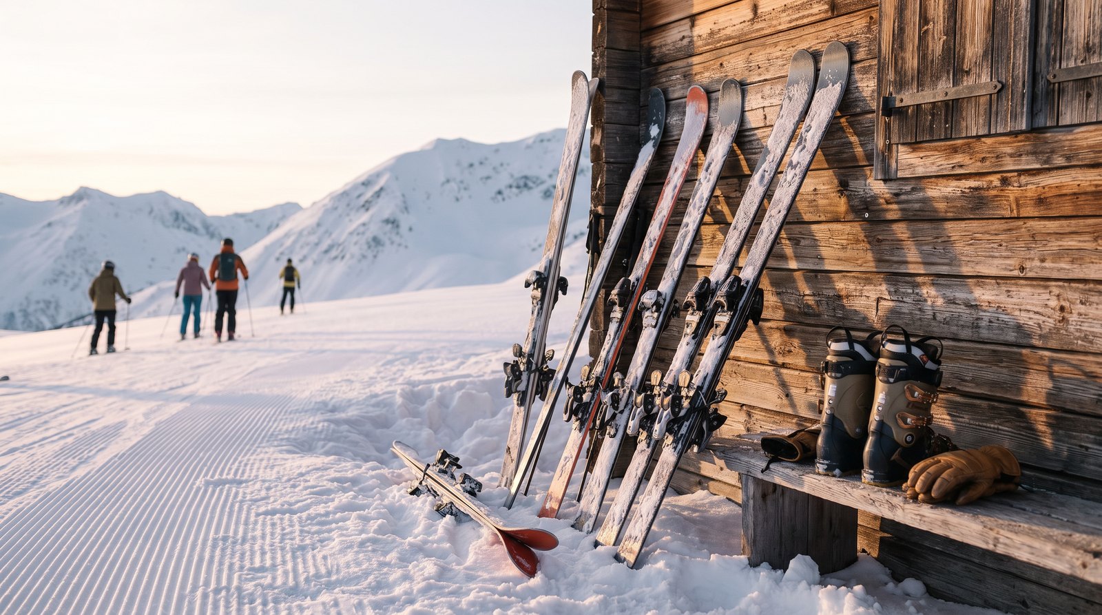Alpinski stehen aufgereiht an einer Hüttenwand im Morgenlicht, im Hintergrund eine verschneite Piste